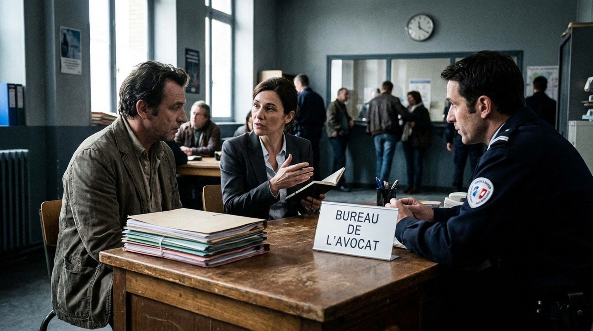 Three people in a room, two seated at a desk with files. A sign reads