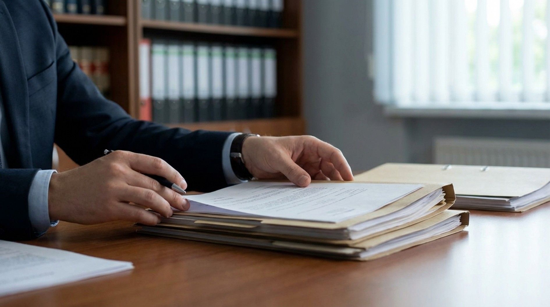 A person in a suit sits at a desk with files and binders in an office, reviewing a document.