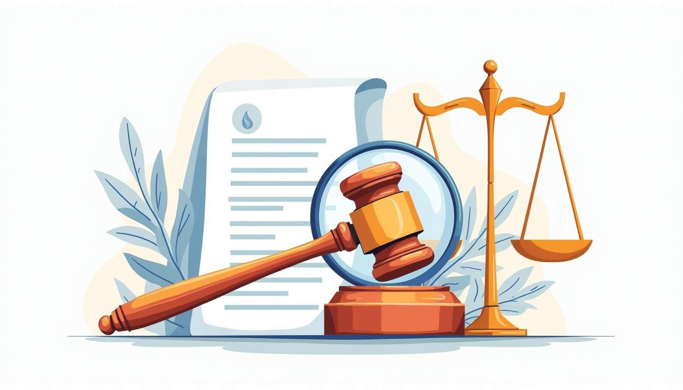 Gavel, scales, and document behind a magnifying glass, suggesting legal review.