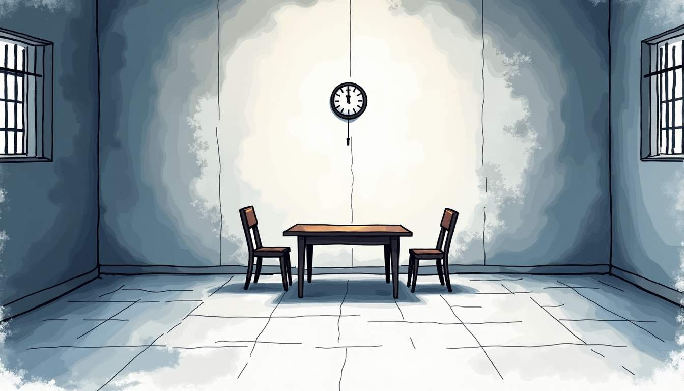 Empty, cold interrogation room with table, two chairs, clock, and barred windows.