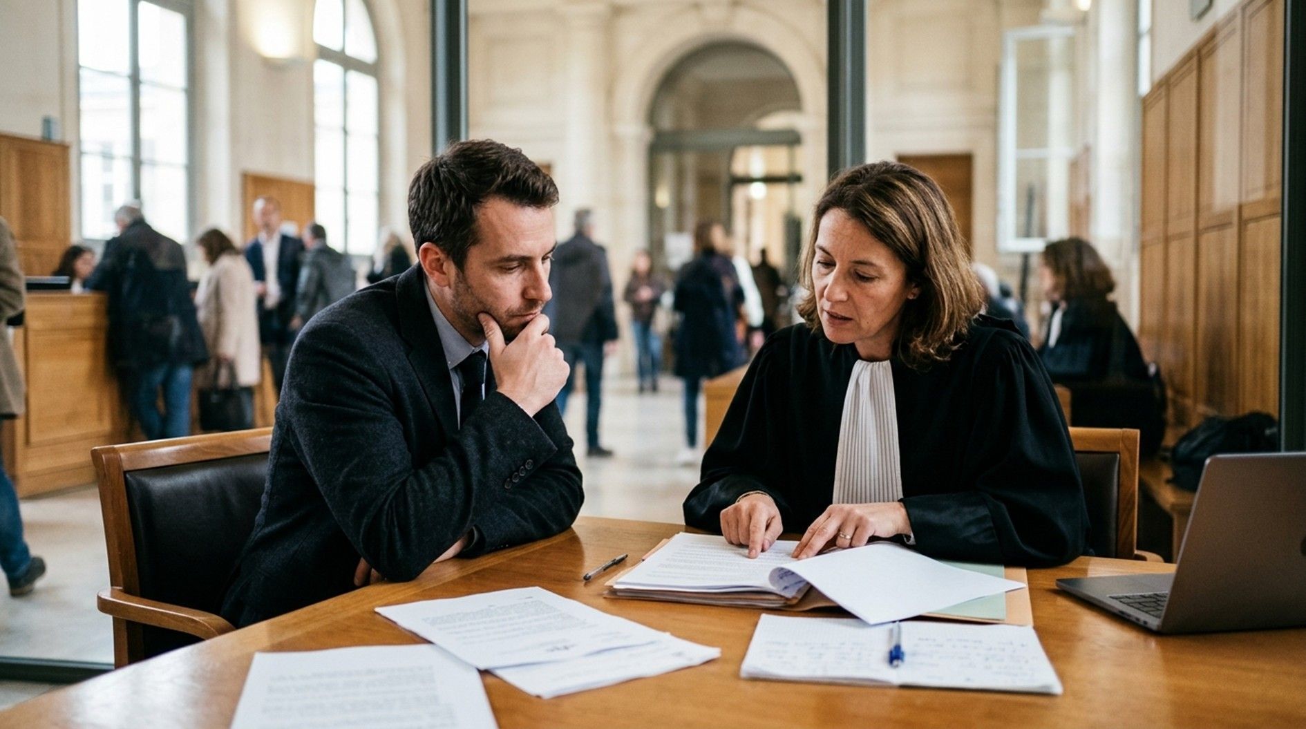Two people reviewing papers at a wooden table in a bright office or courthouse hallway