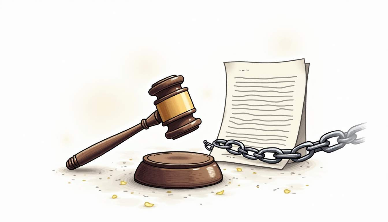 Gavel on stand, documents bound by a chain, representing the intersection of law and constraints.