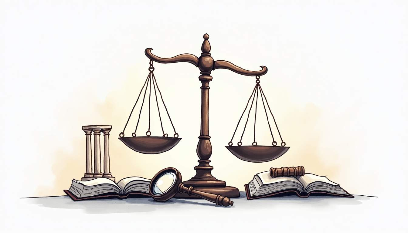 Scales of justice with books, magnifying glass, and pillars.
