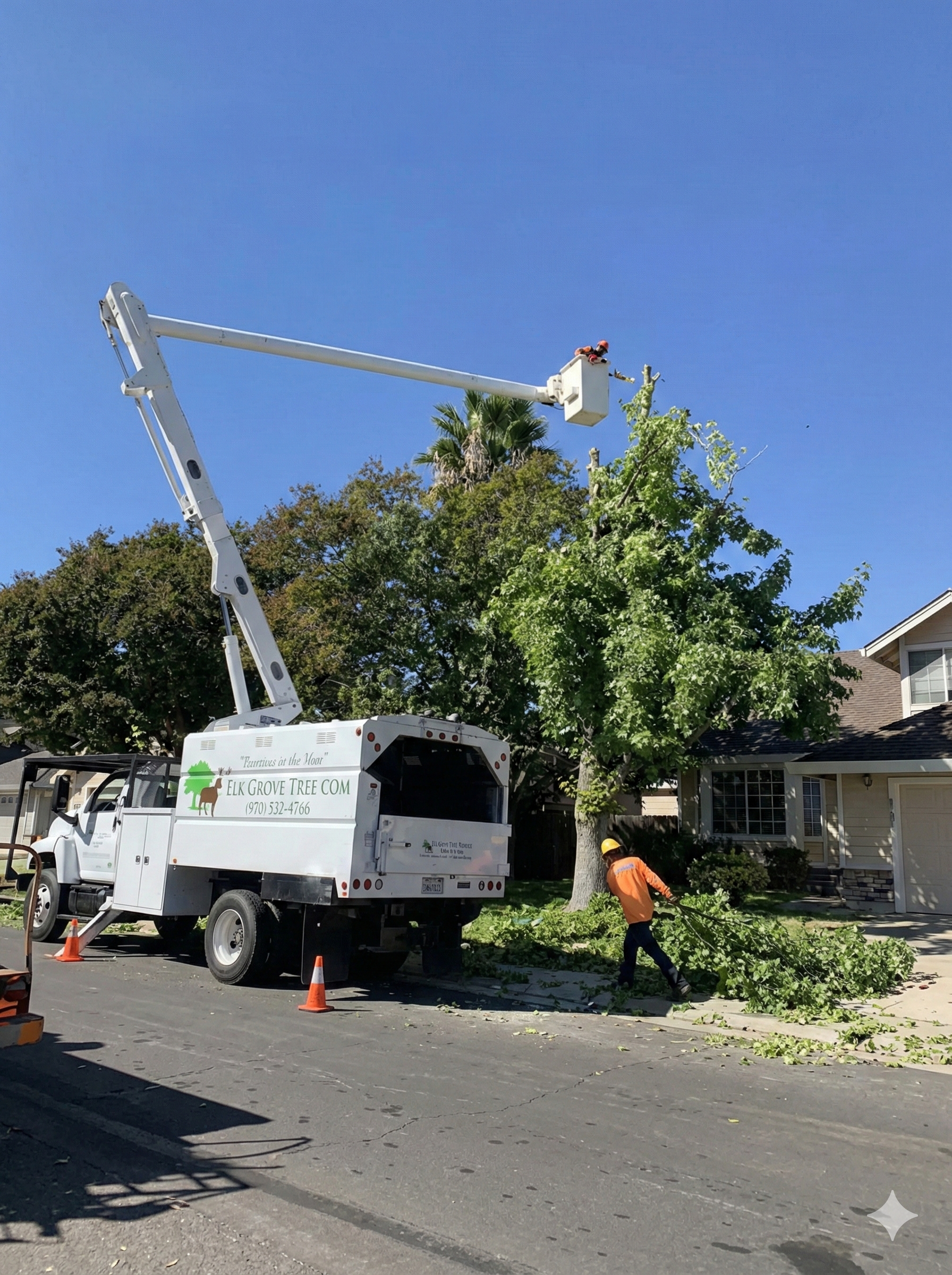 Tree trimming truck with boom extended; two workers in orange vests; clear blue sky.