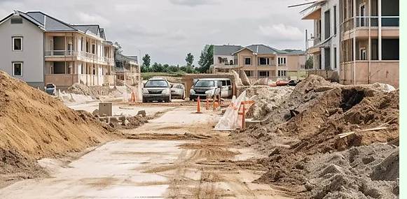 A construction site with a lot of dirt and houses in the background. Preparing for site preparation.