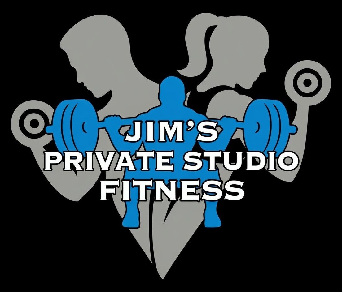 Logo for Jim's Private Studio Fitness: Blue silhouette of person holding a barbell, flanked by gray silhouettes with weights.