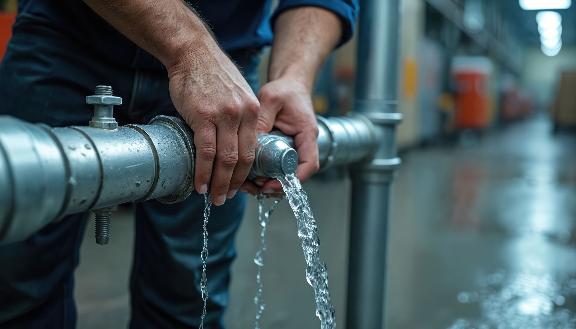 A technician frantically stops a burst pipe leak as part of urgent emergency plumbing services.