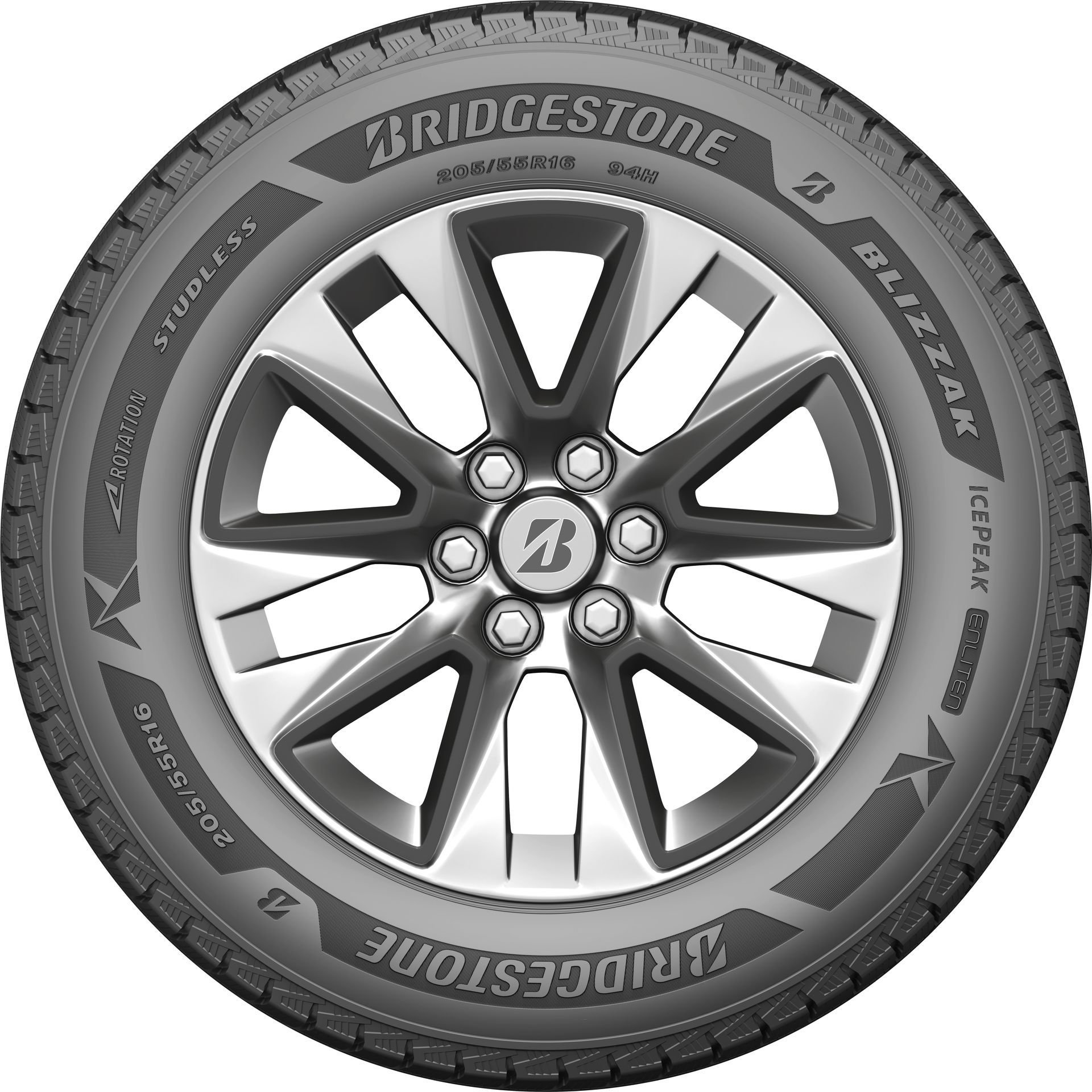 Bridgestone car tire and alloy wheel, front view, in grayscale.
