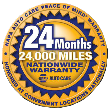 NAPA Auto Care warranty badge: 24 months, 24,000 miles nationwide warranty, peace of mind.