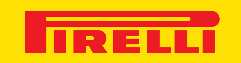 Pirelli logo in red on a bright yellow background