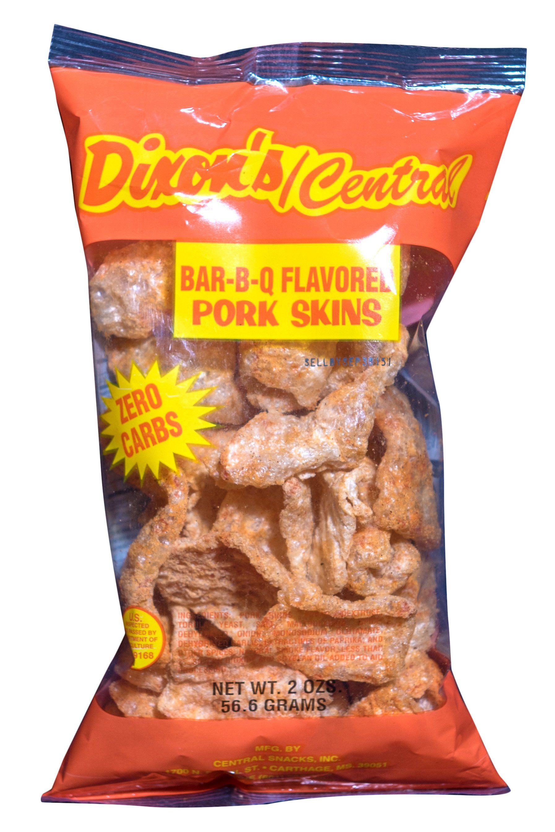 A bag of dixon 's central pork skins on a white background