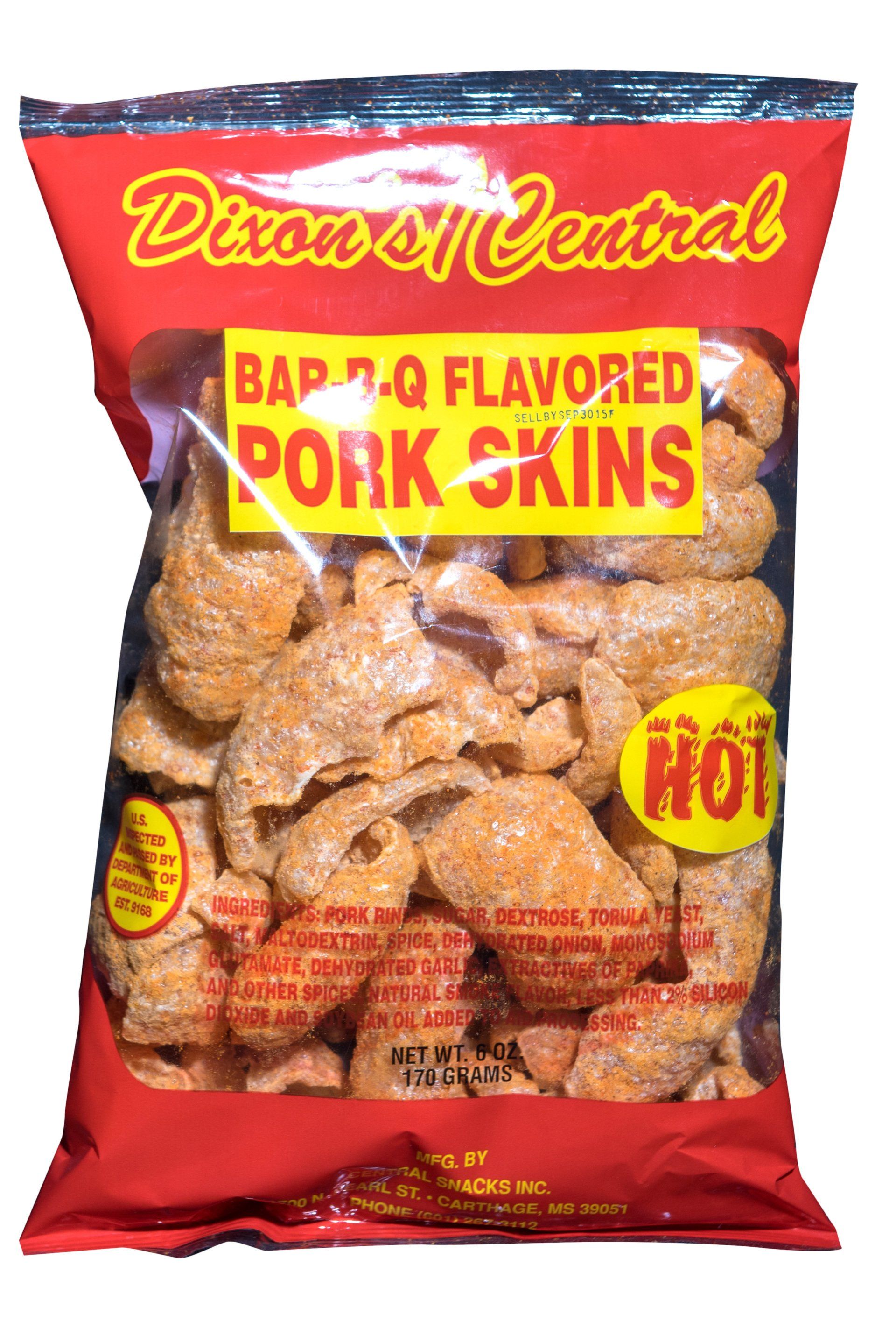 A bag of dixon 's central bbq flavored pork skins