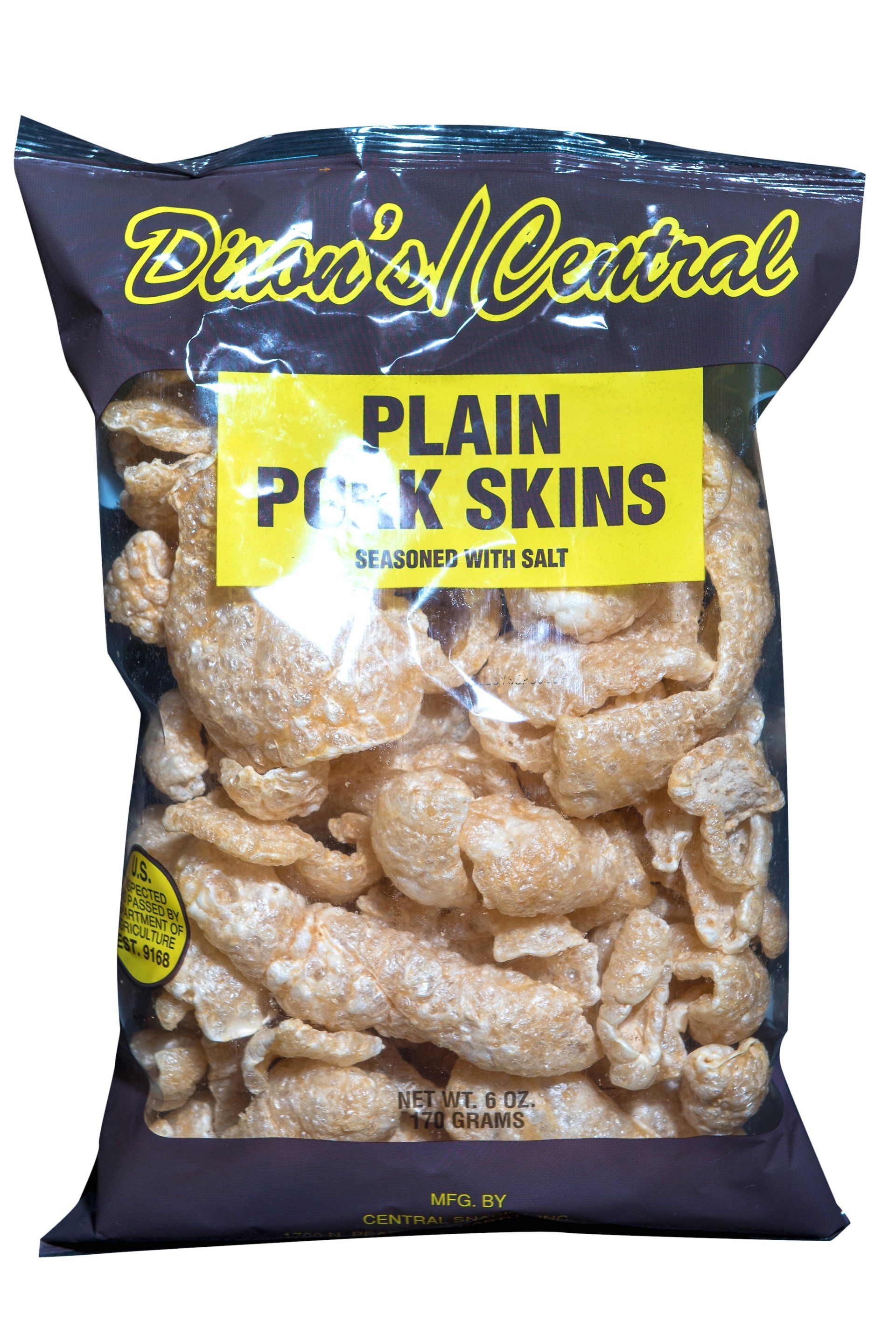 A bag of plain pork skins on a white background.