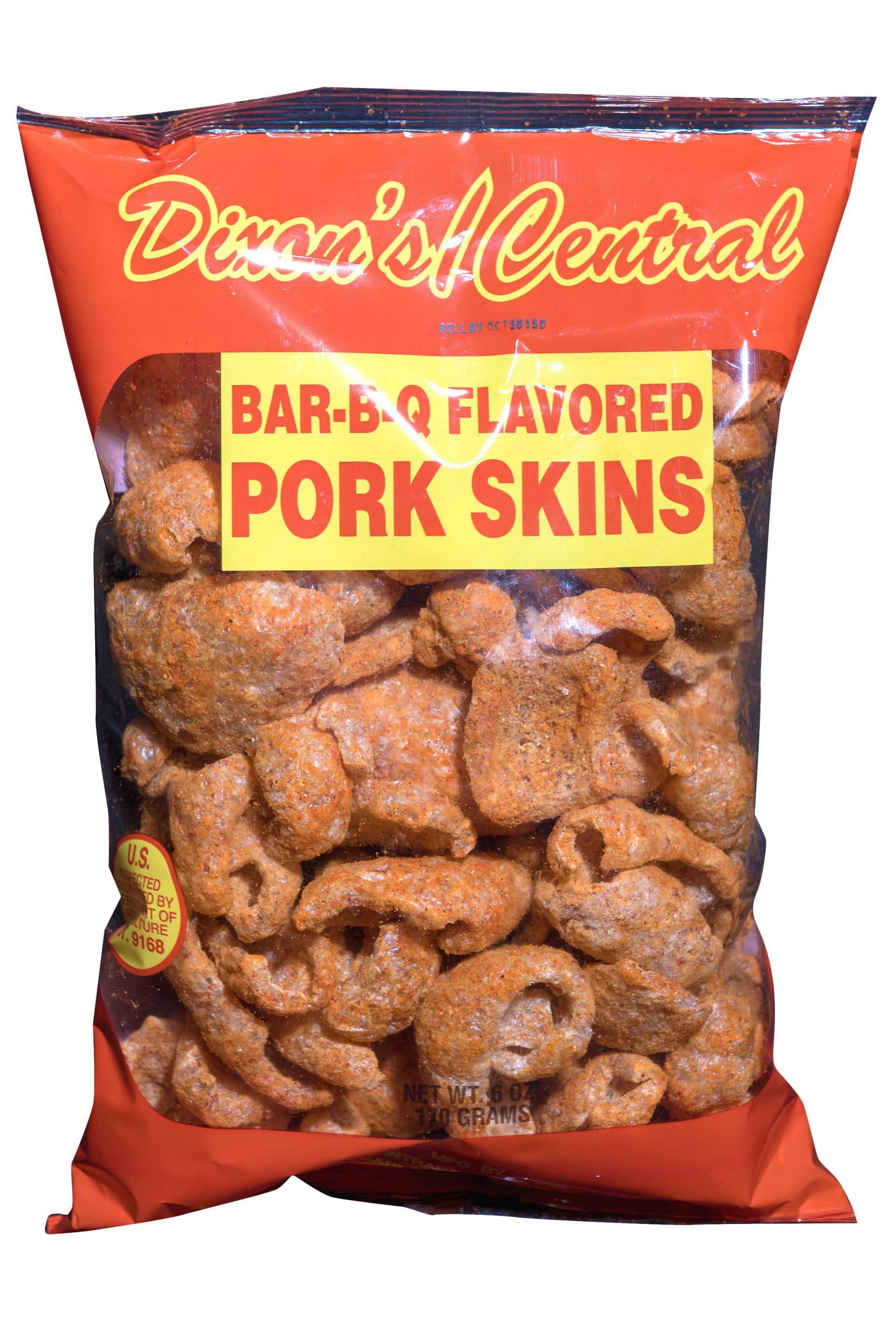 A bag of dixon 's central bbq flavored pork skins