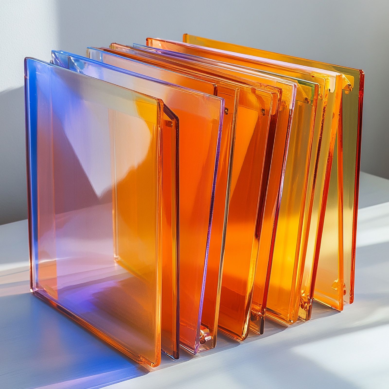 Una pila de láminas acrílicas translúcidas y coloridas, con una transición gradual del azul al naranja, colocadas sobre una superficie blanca.