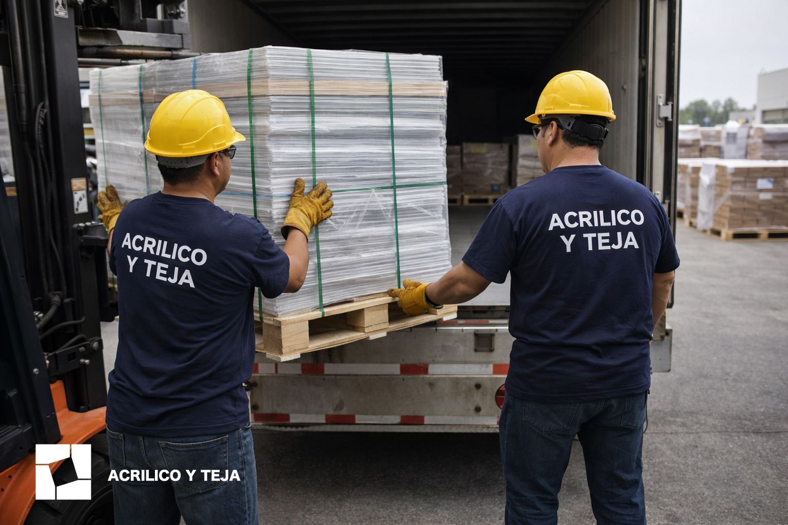 Dos trabajadores con cascos amarillos y camisetas azul marino con el logotipo de la empresa cargan un palé envuelto en plástico retráctil en un camión.