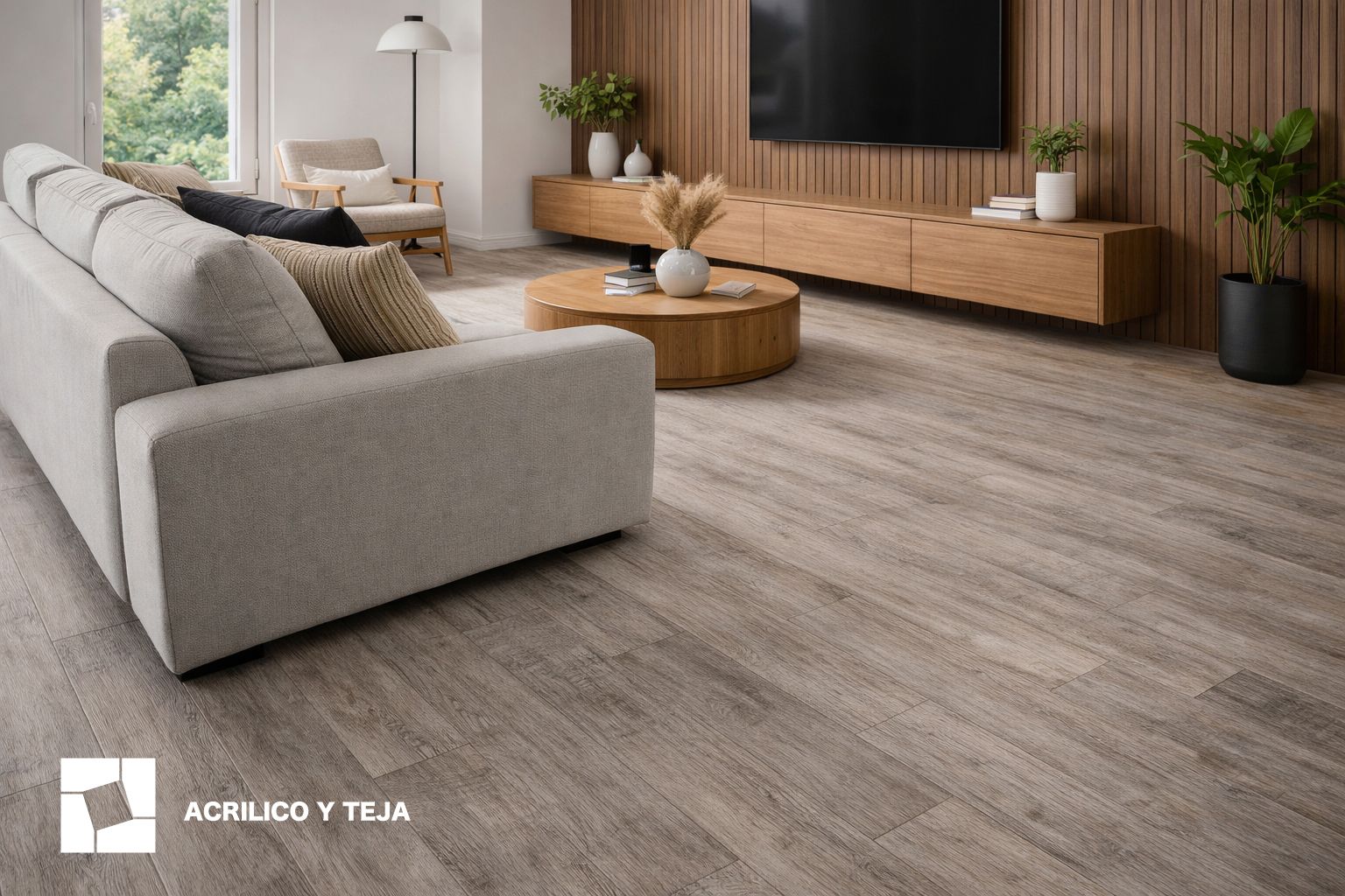 Un salón moderno con un sofá gris claro, suelo de madera, un mueble bajo para la televisión y una mesa de centro redonda.