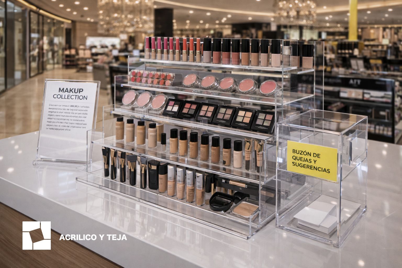 Expositor escalonado de acrílico transparente repleto de cosméticos, pintalabios y paletas de maquillaje en un entorno de tienda minorista.