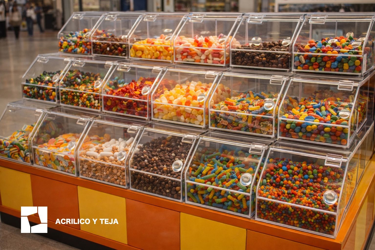 Un expositor escalonado con diversos caramelos de colores en recipientes de plástico transparente, sobre una base naranja y amarilla.