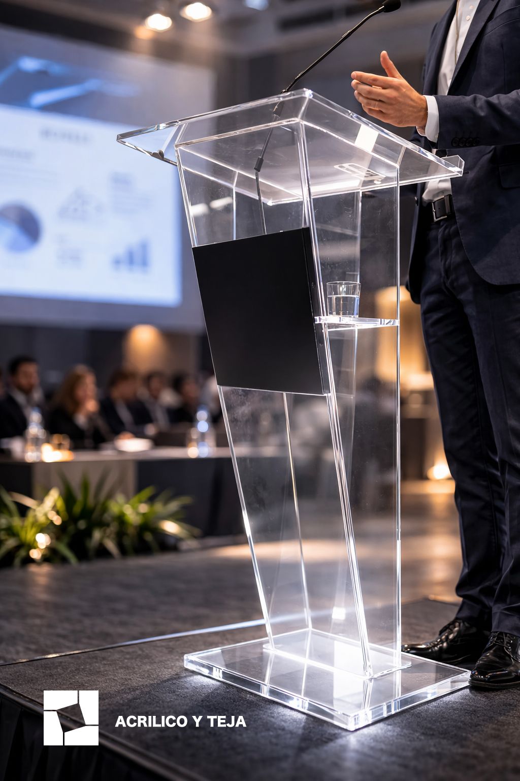 Una persona vestida con traje se encuentra de pie ante un podio de acrílico transparente, gesticulando mientras se dirige a una audiencia en un evento formal.