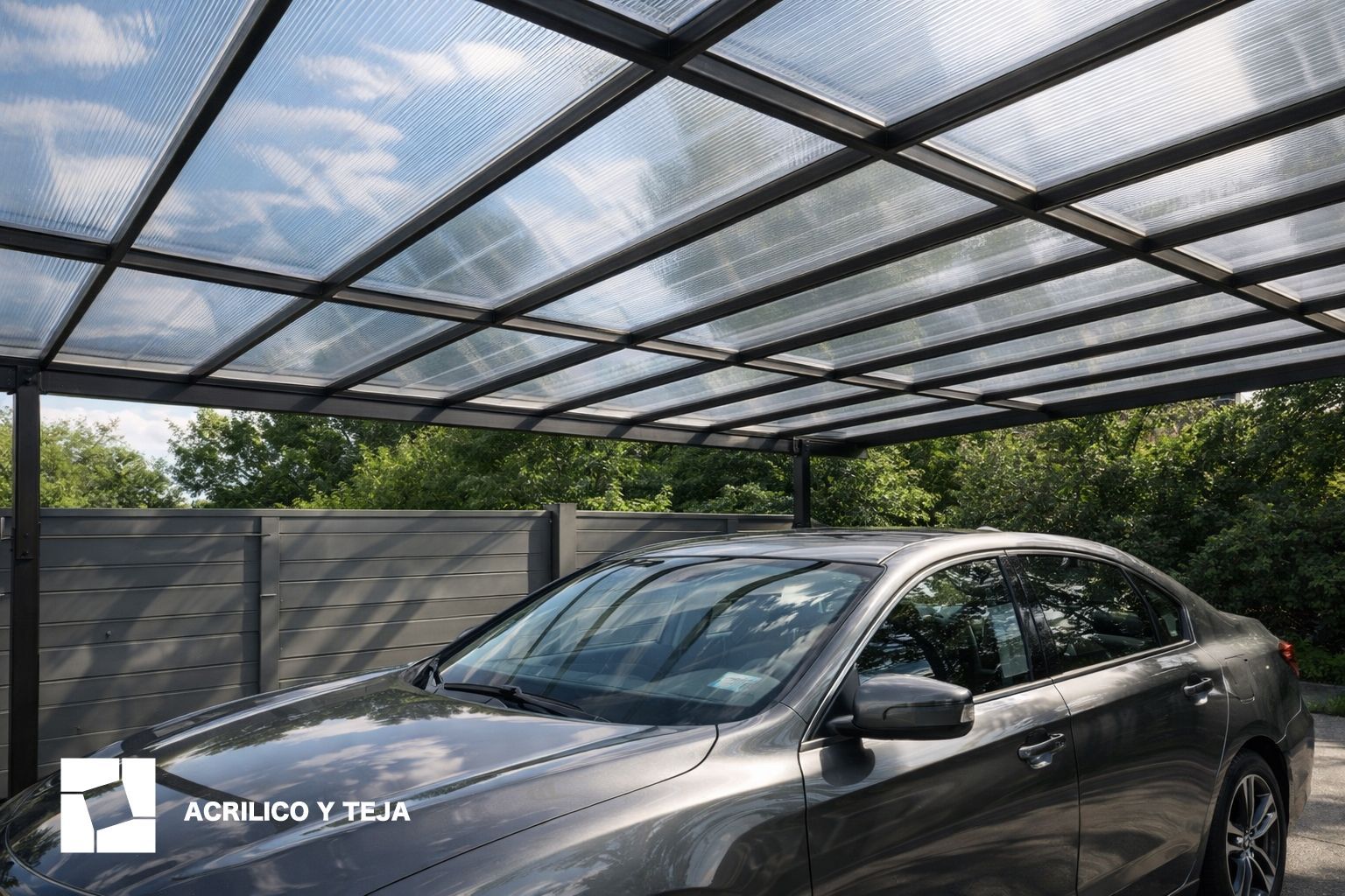 Un coche gris aparcado bajo una moderna estructura de techo translúcida con un marco de metal oscuro en el exterior.