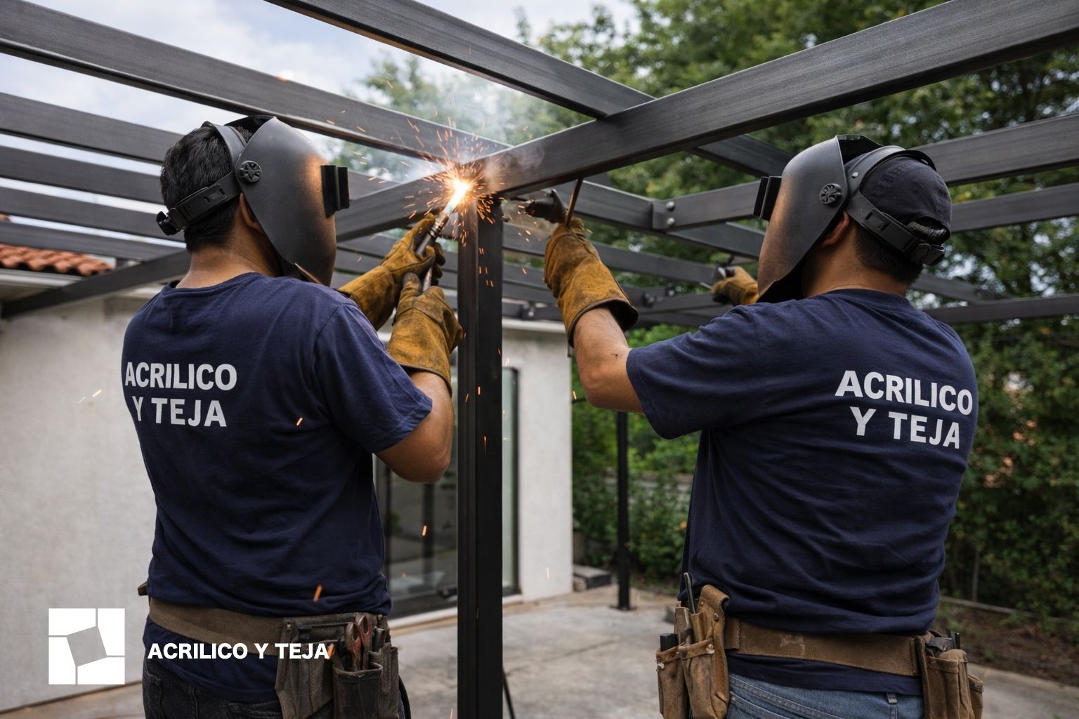 Dos trabajadores con camisetas de marca y cascos de soldadura ensamblan una estructura metálica al aire libre.