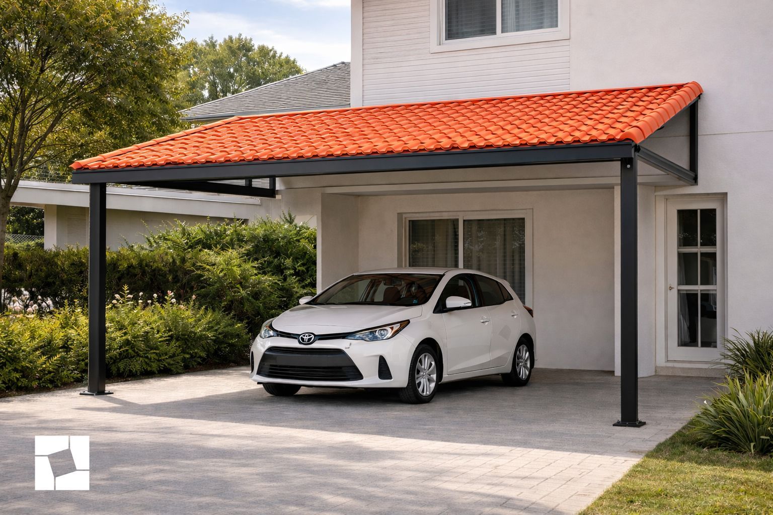 Un coche blanco aparcado bajo una marquesina moderna con tejado de tejas naranjas, adosada a un edificio residencial.