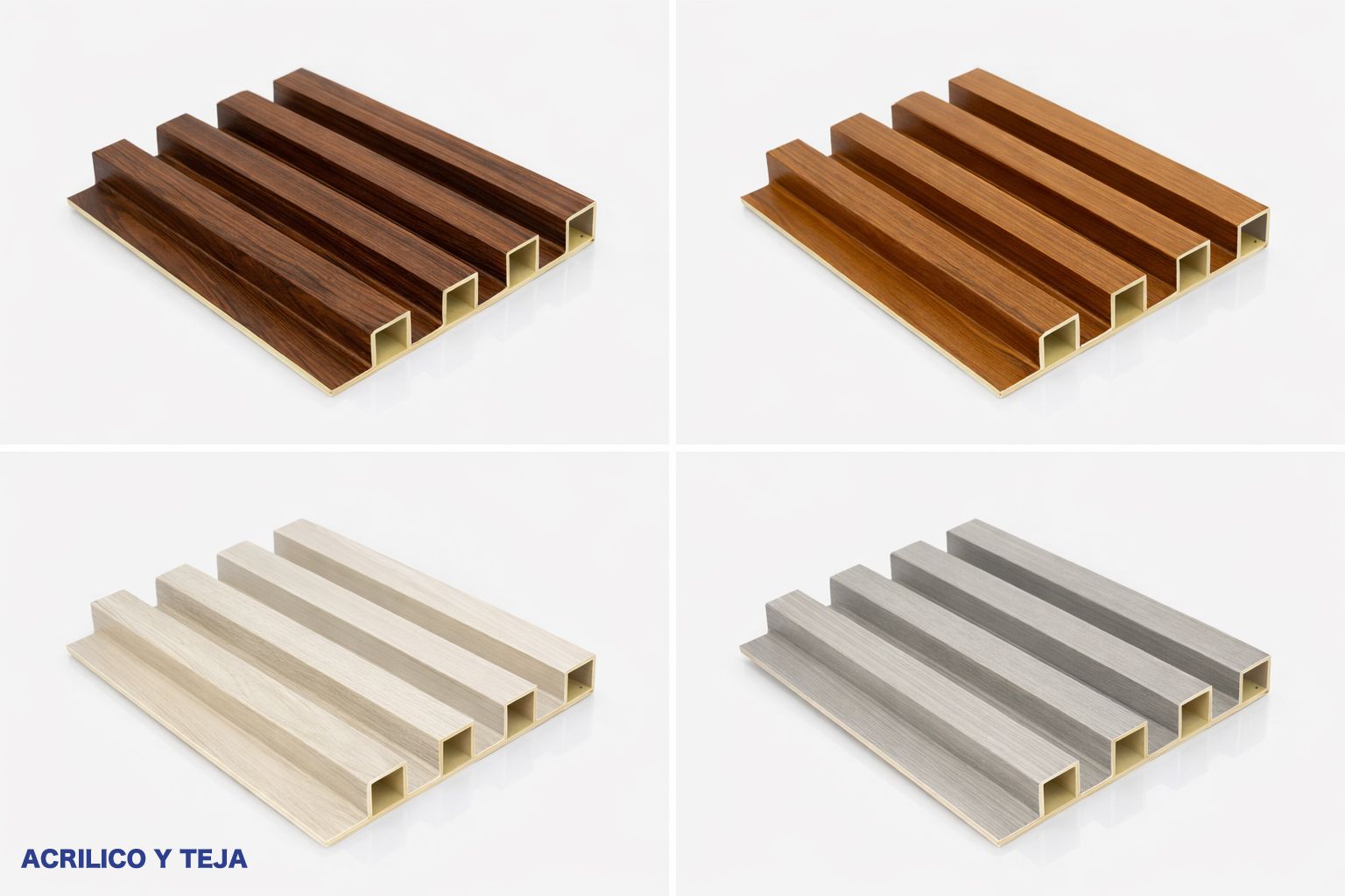 Cuatro muestras de paneles de pared WPC estriados en madera oscura, madera clara, crema y gris, dispuestas en una cuadrícula sobre un fondo blanco.