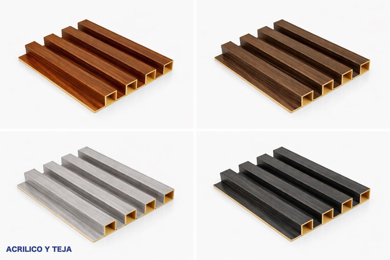 Cuatro muestras de paneles de pared con listones en acabados imitación madera, marrón oscuro, gris claro y negro sobre fondo blanco.