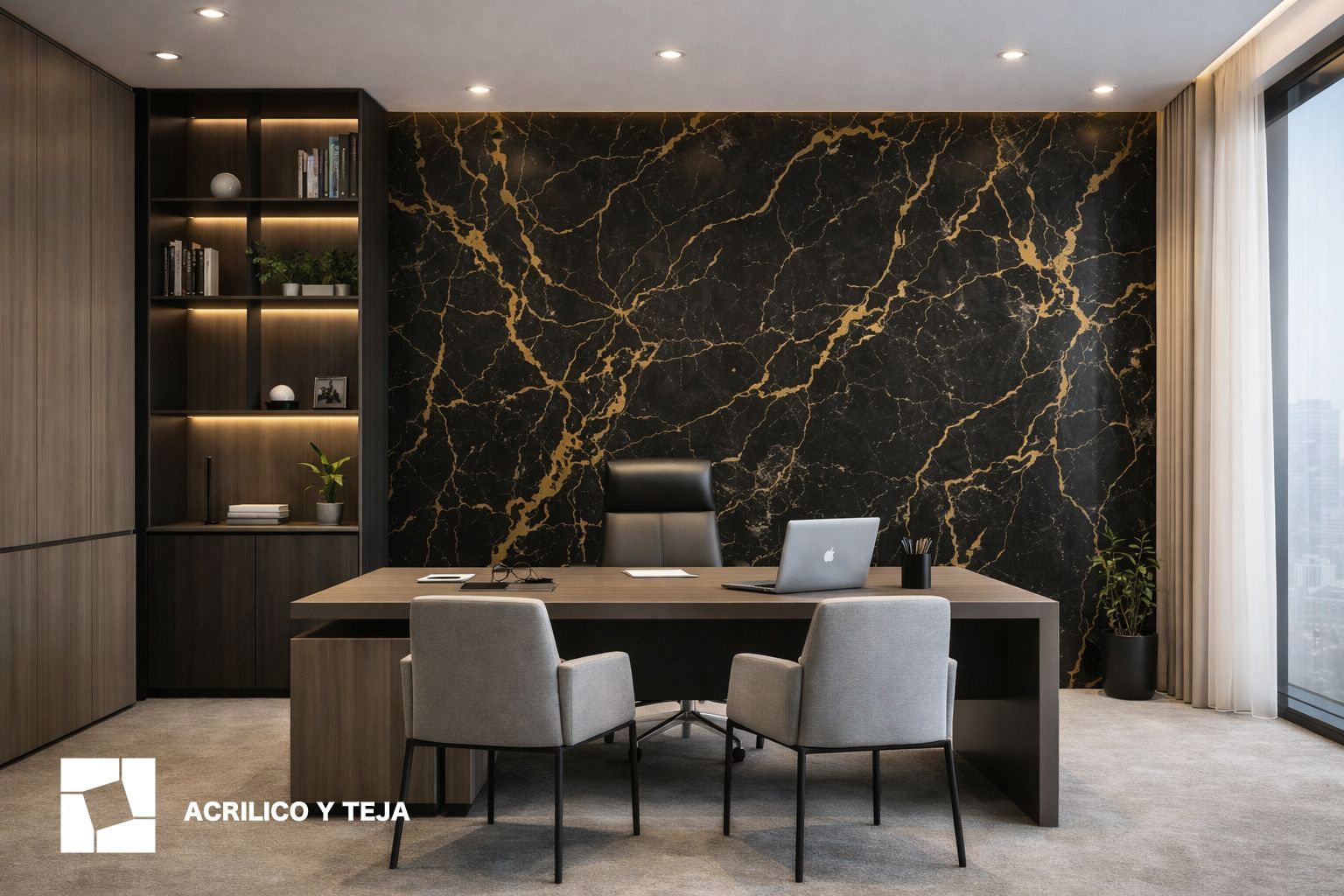 Un moderno despacho ejecutivo con una pared de mármol negro con vetas doradas, un escritorio de madera y dos sillas tapizadas en gris.