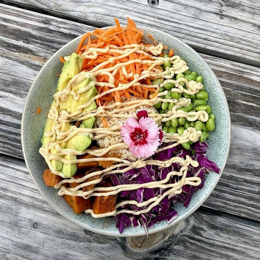 Colorful Poke Bowl With Avocado, Carrots, Edamame, Sweet Potato, and Dressing — Relax in Paradise in Yeppoon, QLD