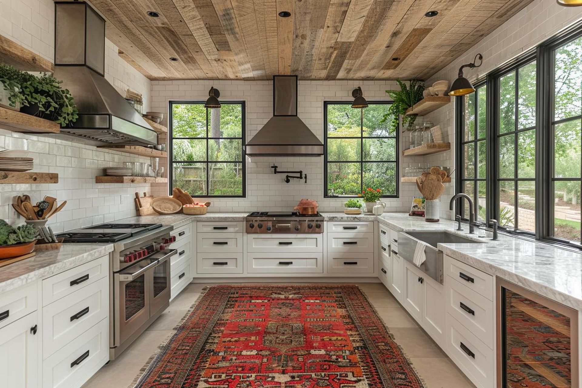 A kitchen with white cabinets , stainless steel appliances , a rug and a wooden ceiling.