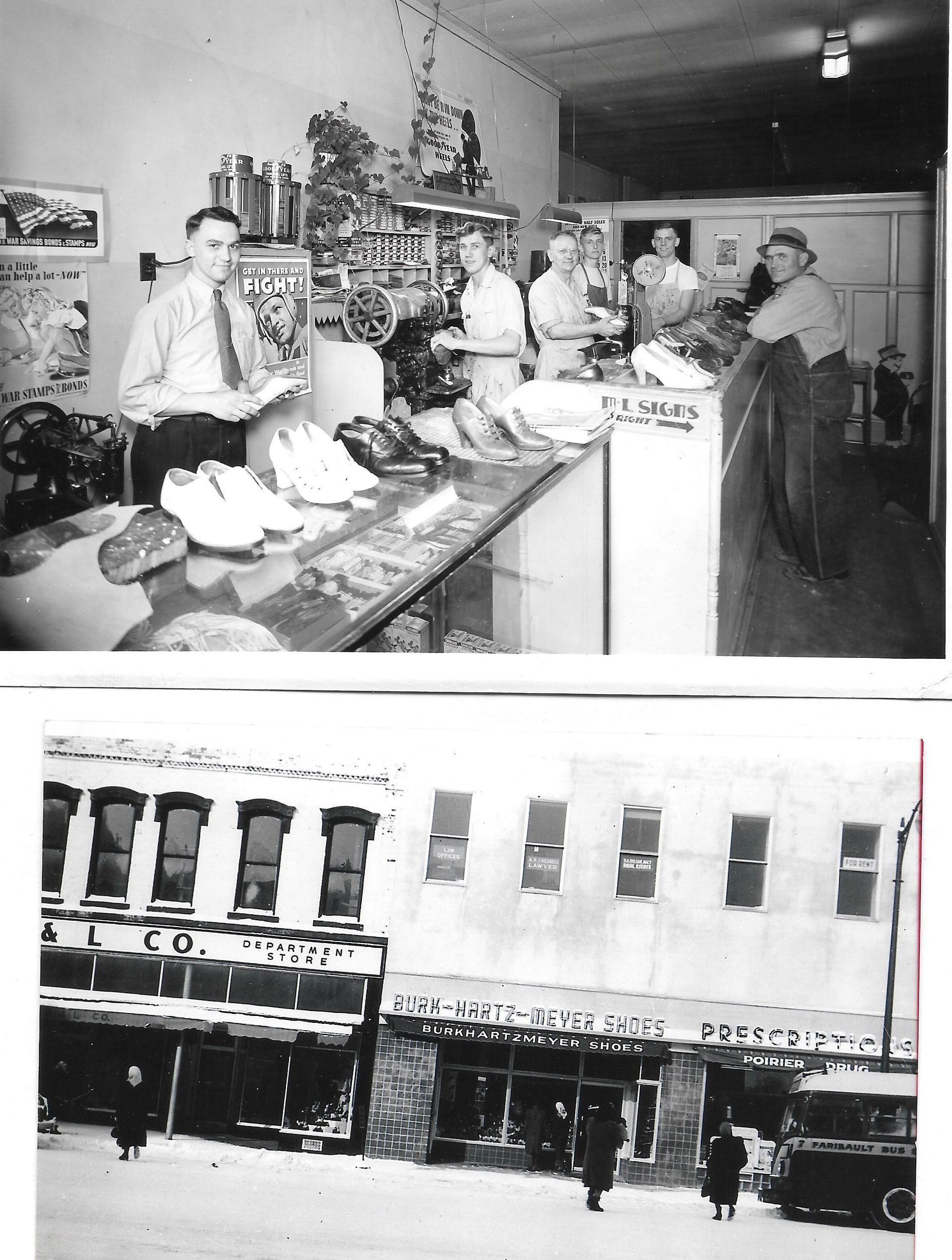 Two black-and-white shop scenes, one inside a butcher counter and one storefront exterior with pedestrians.