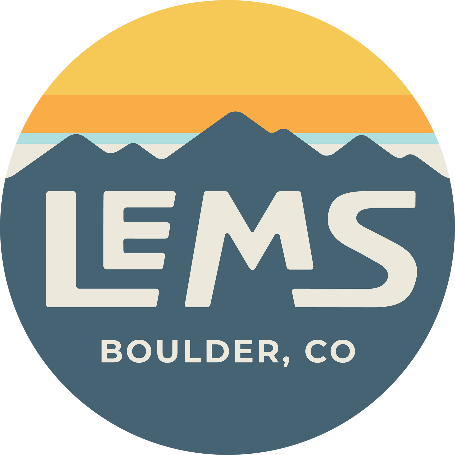 LEMS Boulder, CO logo with mountains and sunrise in blue, tan, and orange