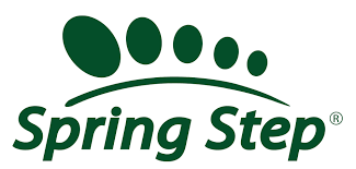 Green “Spring Step” logo with stylized footprint and curved line above the text