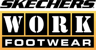 Skechers Work Footwear logo in black, white, and orange text on a black background