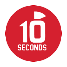 Red circular logo with white stopwatch and text “10 seconds”