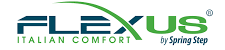 Flexus Italian Comfort logo in green, teal, and black with “by Spring Step” text