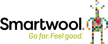 Smartwool logo with multicolored pixel figure and tagline “Go far. Feel good.”