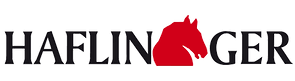 Haflinger logo with black text and a red horse head silhouette between the letters
