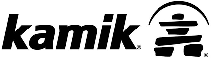 Kamik logo in black with a stylized stacked stone icon on a white background