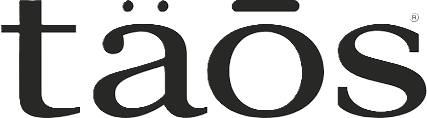 Black “taos” logo in lowercase serif letters with umlauts over the a and o on a white background