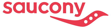 Saucony logo in red text with a red swoosh and three white dots