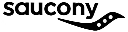 Saucony logo in black with stylized swoosh and white dots on a white background