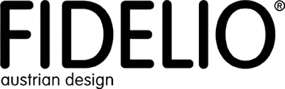 Fidelio logo with “austrian design” text in black on a white background