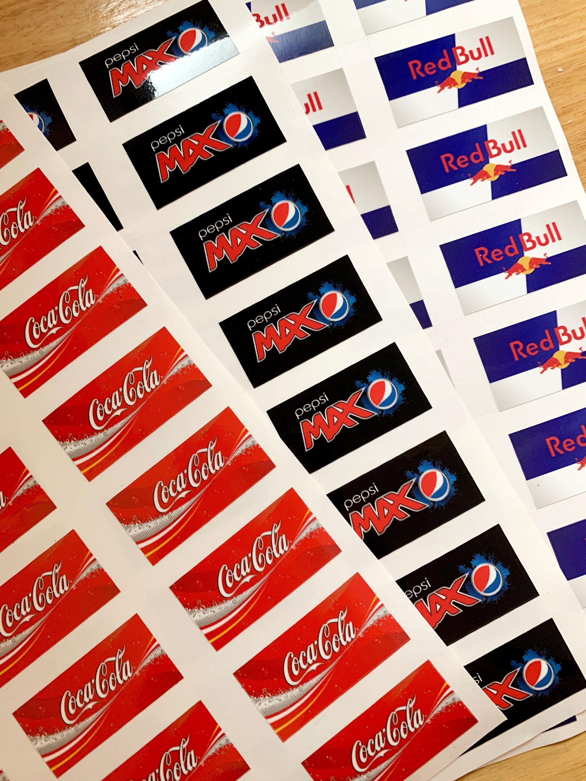 Sheets of Stickers Featuring Coca-Cola, Pepsi Max, and Red Bull Logos — Stuckup Industries in Central Coast, NSW