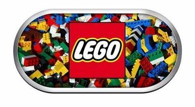 A lego logo with a bunch of lego bricks in the background