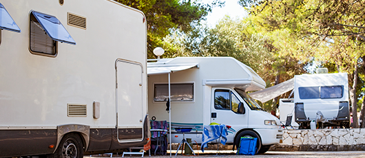 Campground with parked RVs under a canopy of trees on a sunny day.