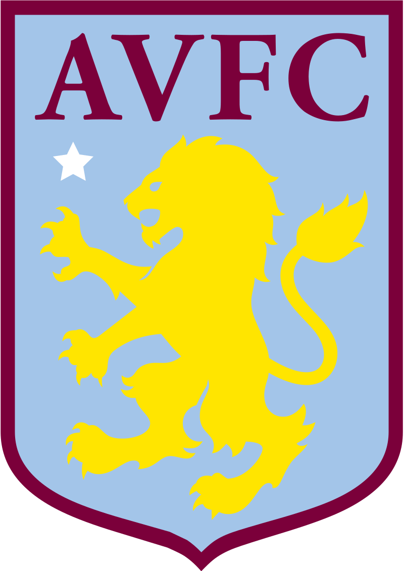 Aston Villa Football Club logo: a yellow lion rampant on a light blue shield, with 