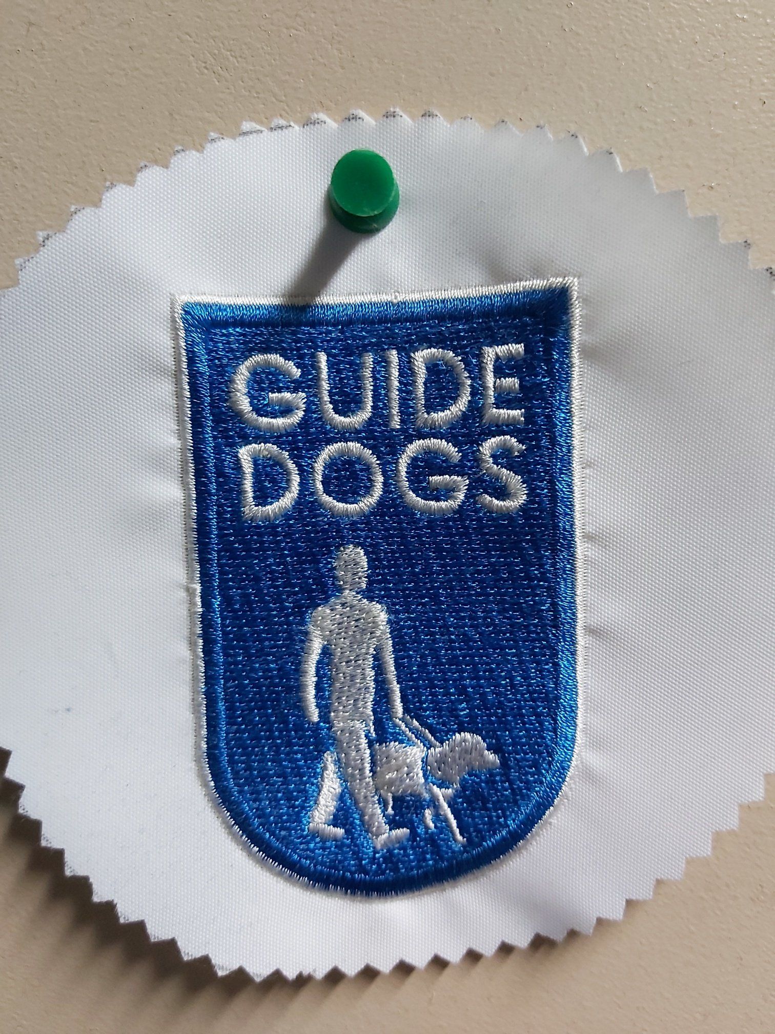 Embroidered blue and white Guide Dogs patch with a person and dog, pinned to a white rosette with a green pin.